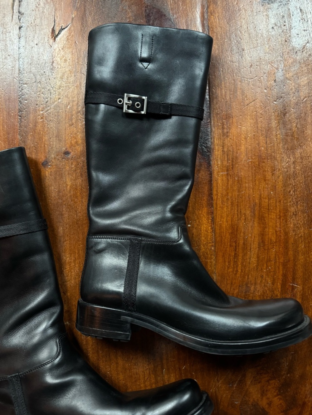 Prada Black Leather Riding Boots with Buckle